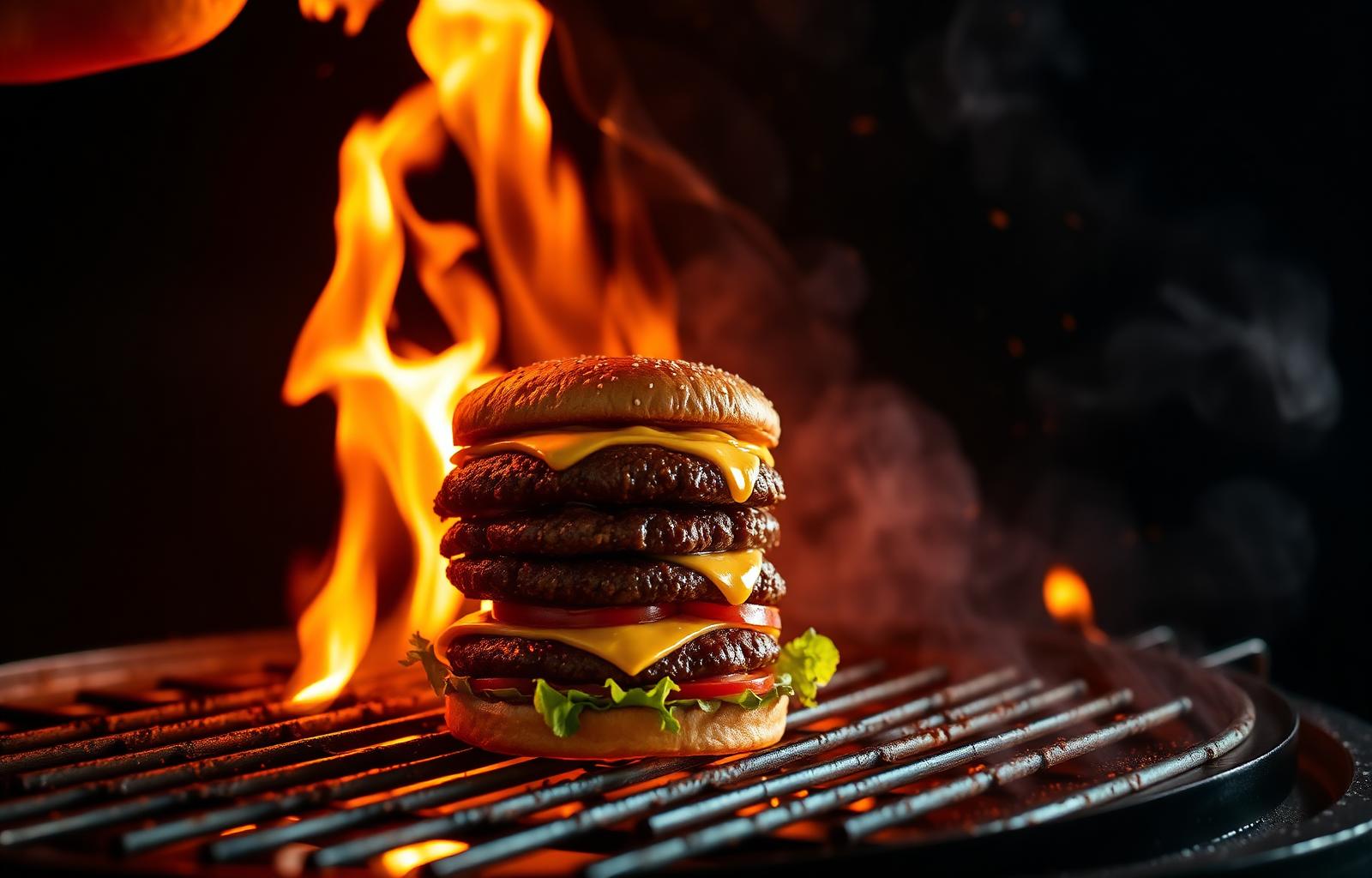 Stacked burger on the grill